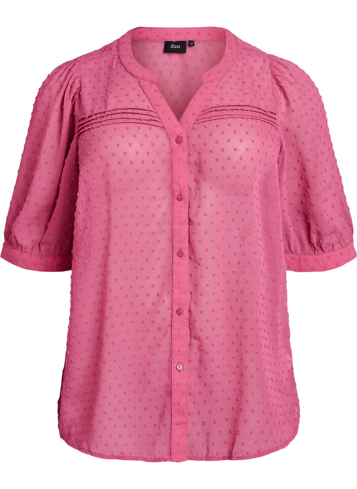Kortermet skjortebluse med prikket tekstur, Rosa, Packshot image number 0