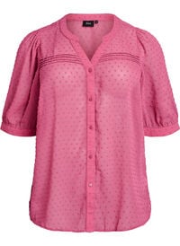 Kortermet skjortebluse med prikket tekstur, Rosa Kortermet skjortebluse med prikket tekstur