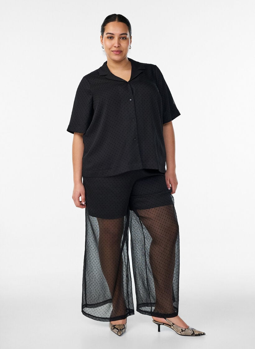 Polka dot skjortebluse med jakkeslag, Svart, Model image number 1