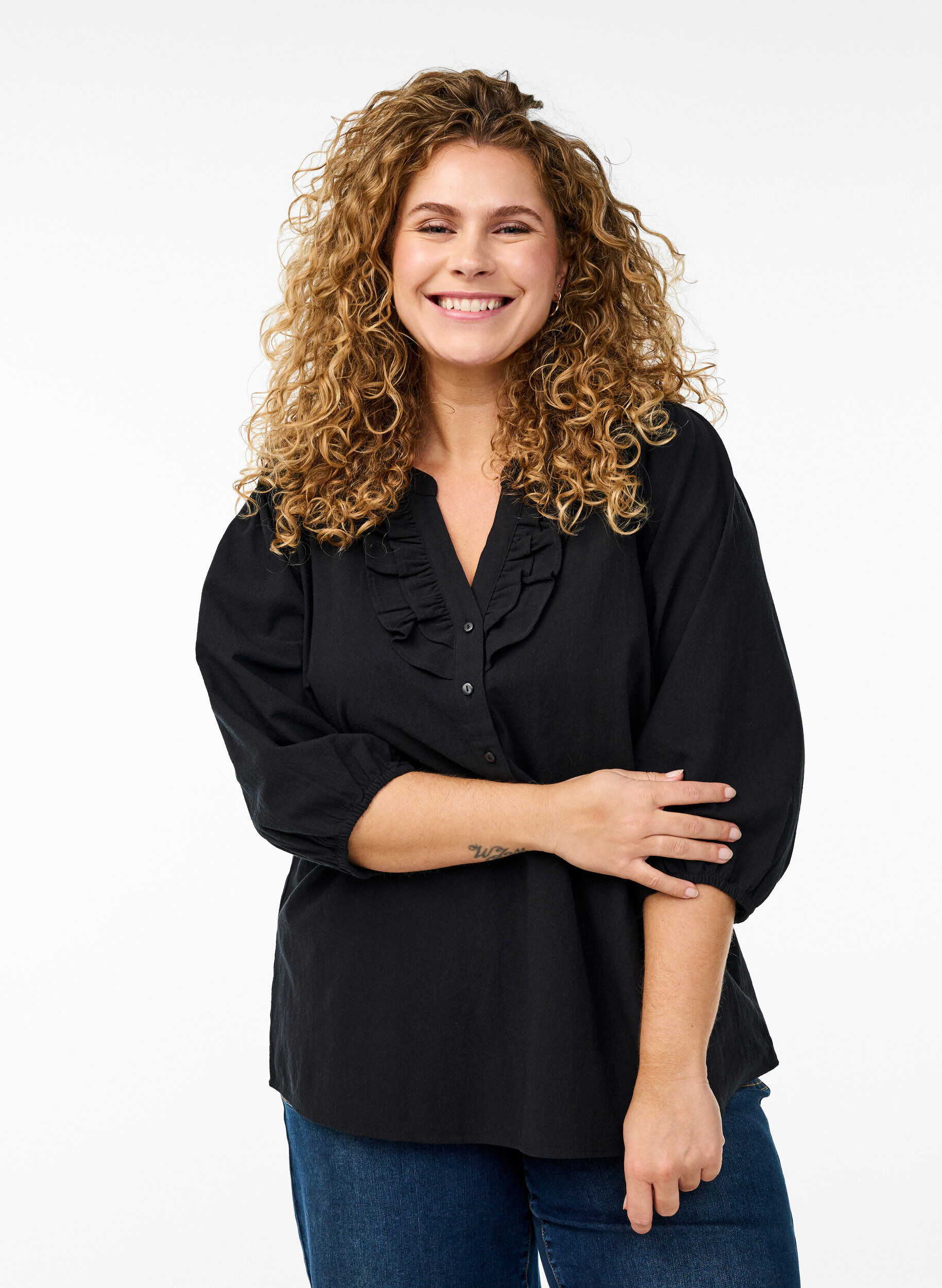 3/4 ermers bomullsbluse, Svart, Model