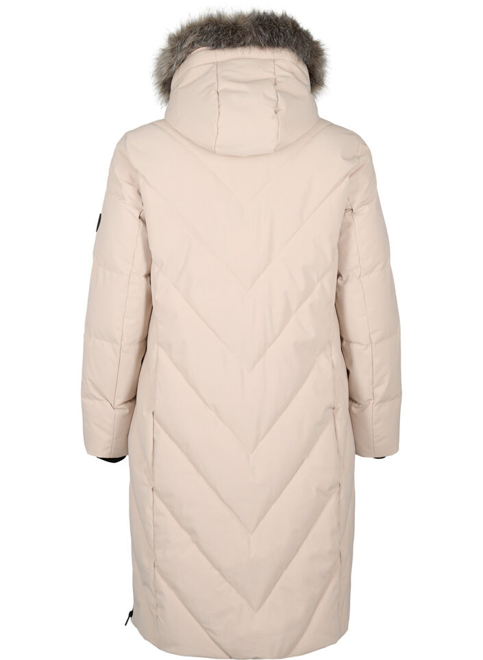Lang vinterkåpe med kroklukking og en imitert pelskrage, Beige, Packshot