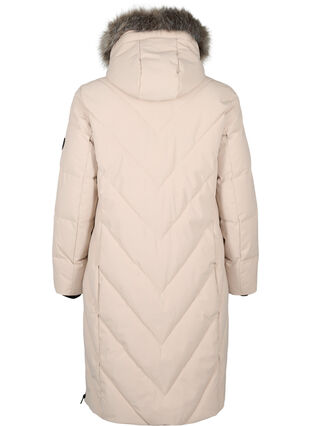 Zizzi Lang vinterkåpe med kroklukking og en imitert pelskrage, Beige, Packshot image number 1