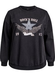 Vasket genser med statement-trykk, Grey Acid Washed