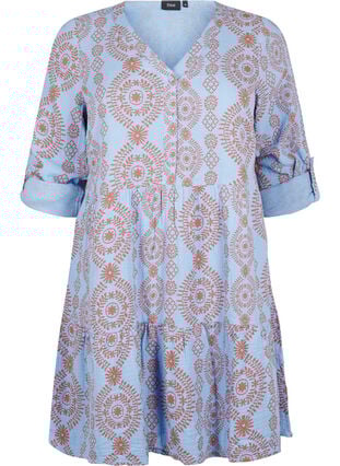 Zizzi Kort kjole i mønstret bomullsmusselin, Blå, Packshot image number 0
