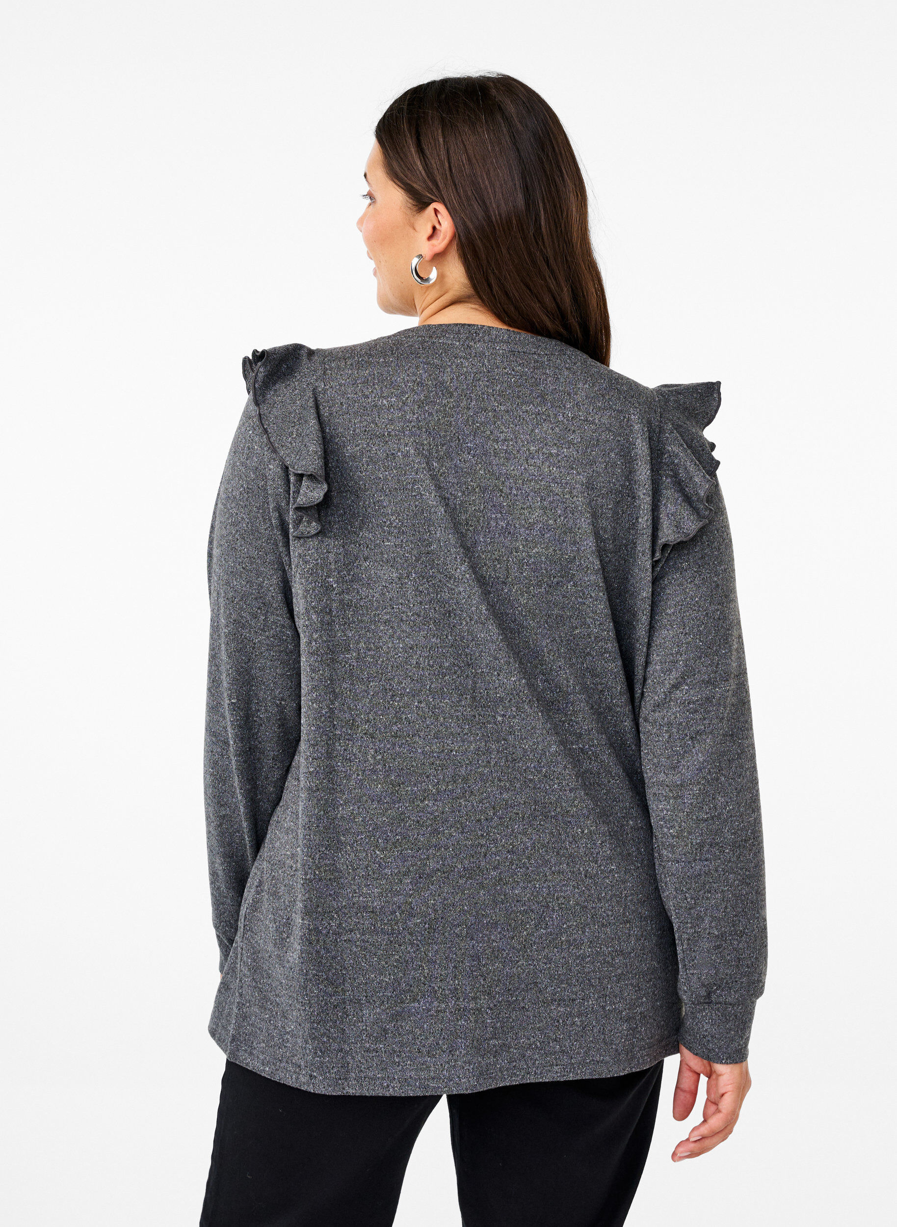 Zizzi Langermet bluse med volangdetaljer, Dark Grey Melange, Model image number 1