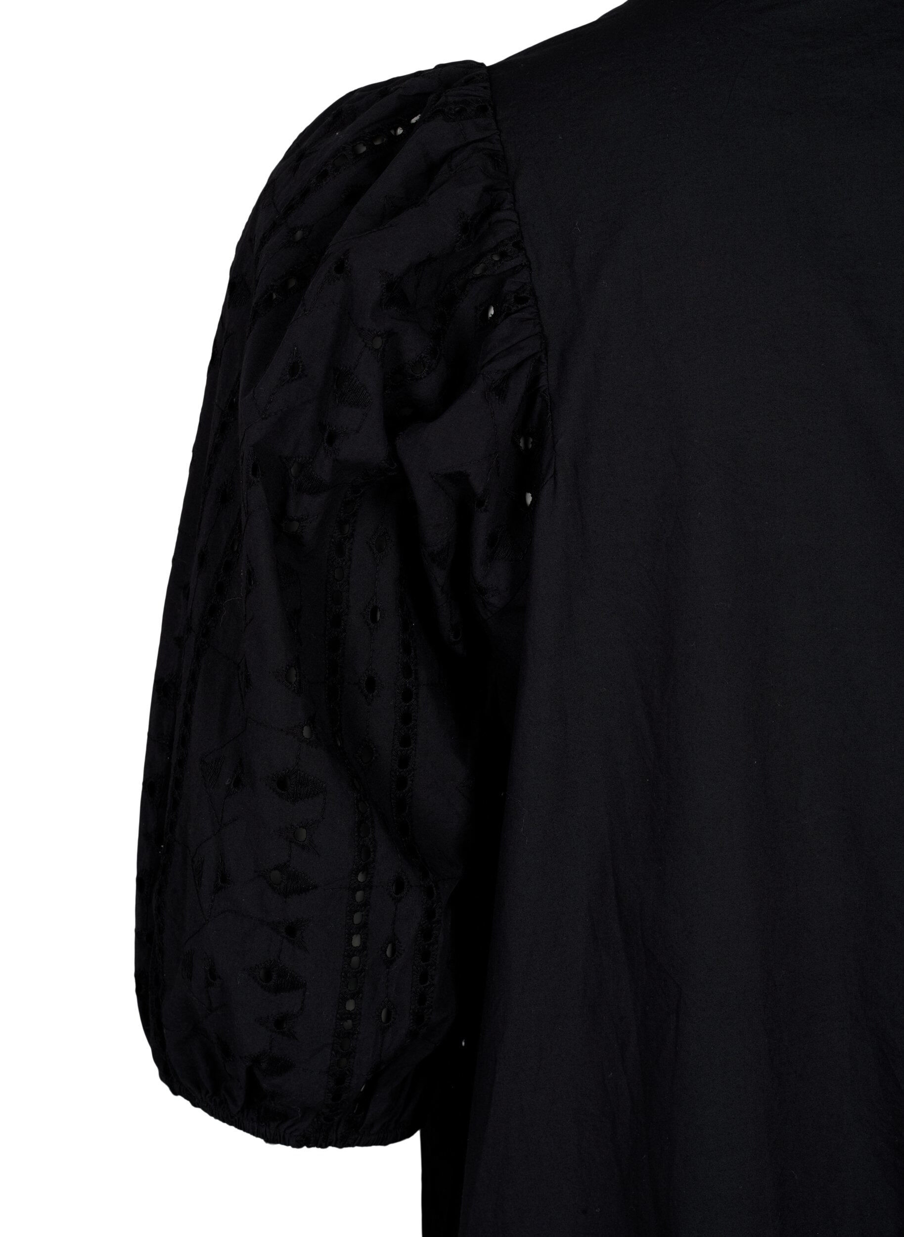 Zizzi Skjortekjole i bomull med broderi anglaise, Black, Packshot image number 3