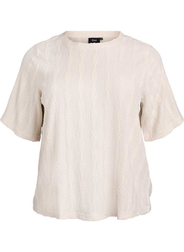 Bluse med strukturmønster og korte ermer, Beige, Packshot image number 0