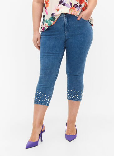 Capribukser i denim med høyt liv og perler, Light blue denim, Model image number 2