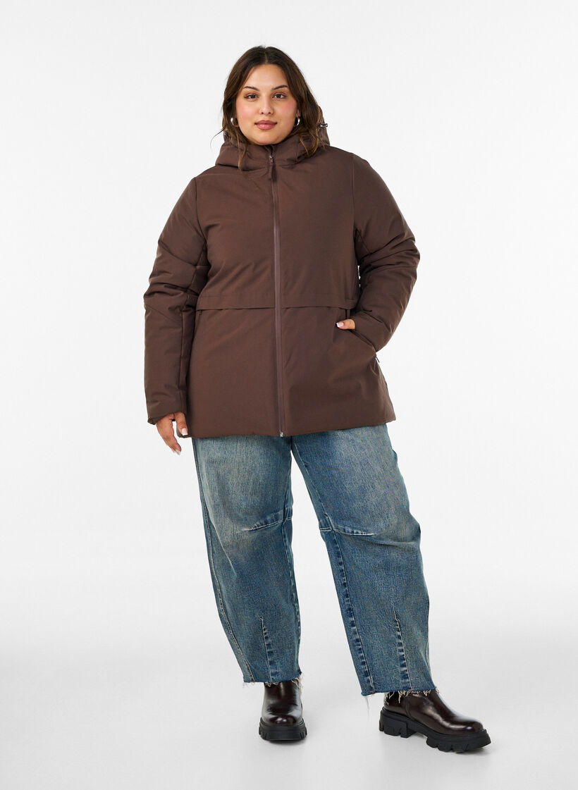 Vinterjakke med hette og justerbar midje, Brun, Model image number 1
