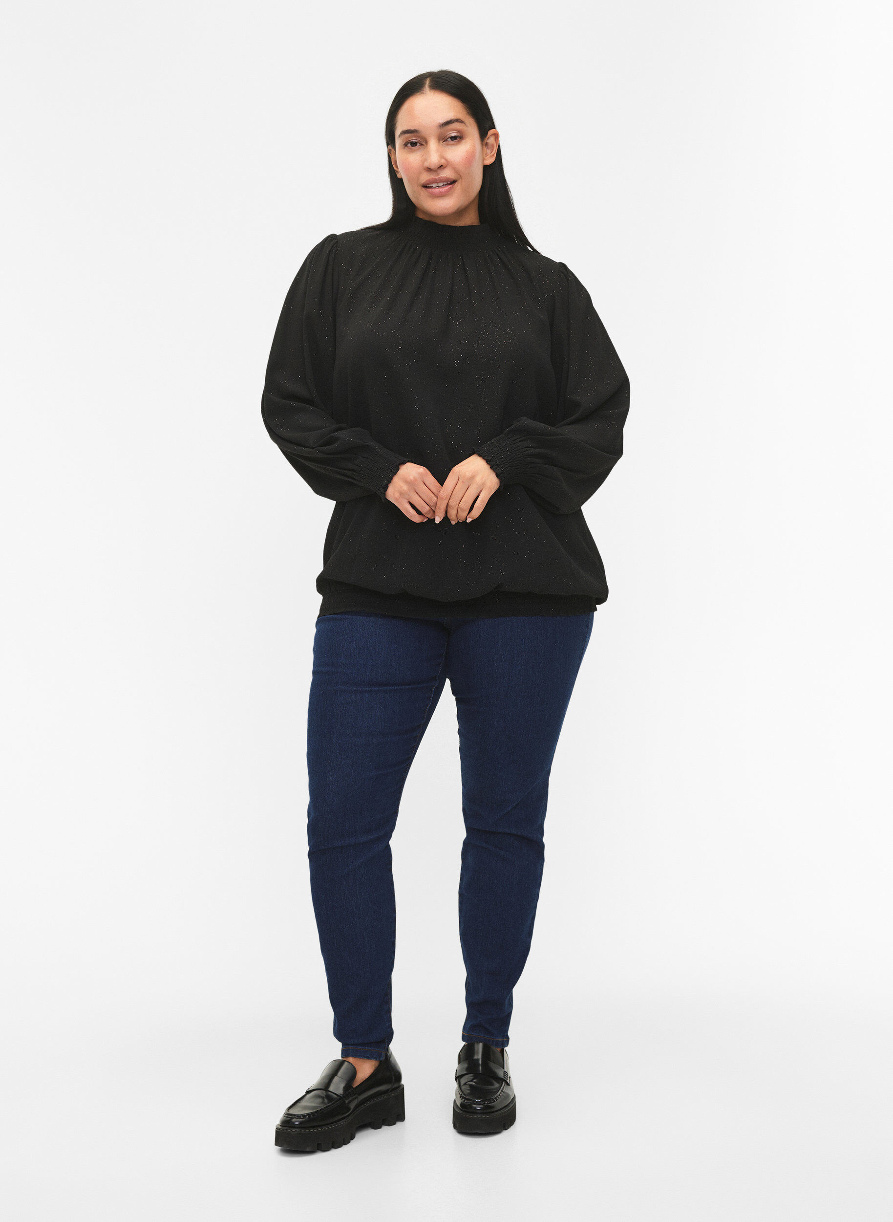 Zizzi FLASH - langermet bluse med smokk og glitter	, Black w. Silver, Model image number 2