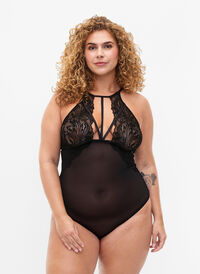 Bodystocking med halterneck, blonder og snorer, Black, Model