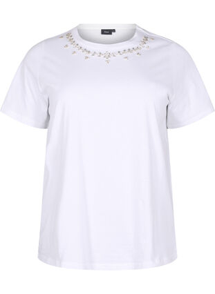 Zizzi T-skjorte med rund hals og rhinestones, Bright White, Packshot image number 0