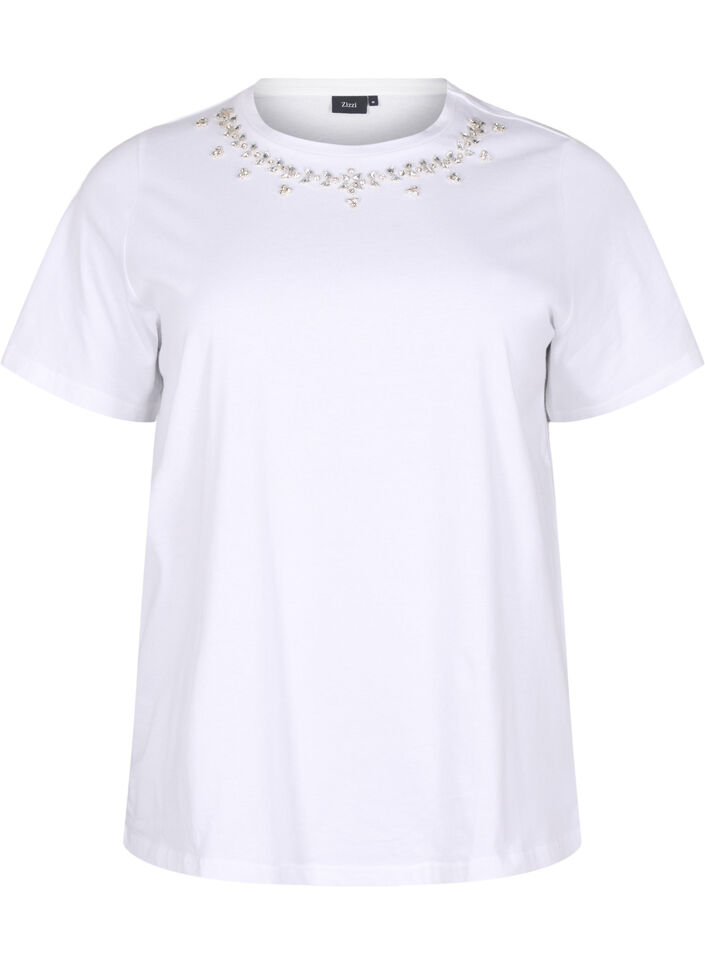 T-skjorte med rund hals og rhinestones, Bright White, Packshot image number 0