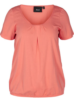 Kortermet T-skjorte med rund hals og blondekant, Living Coral, Packshot image number 0