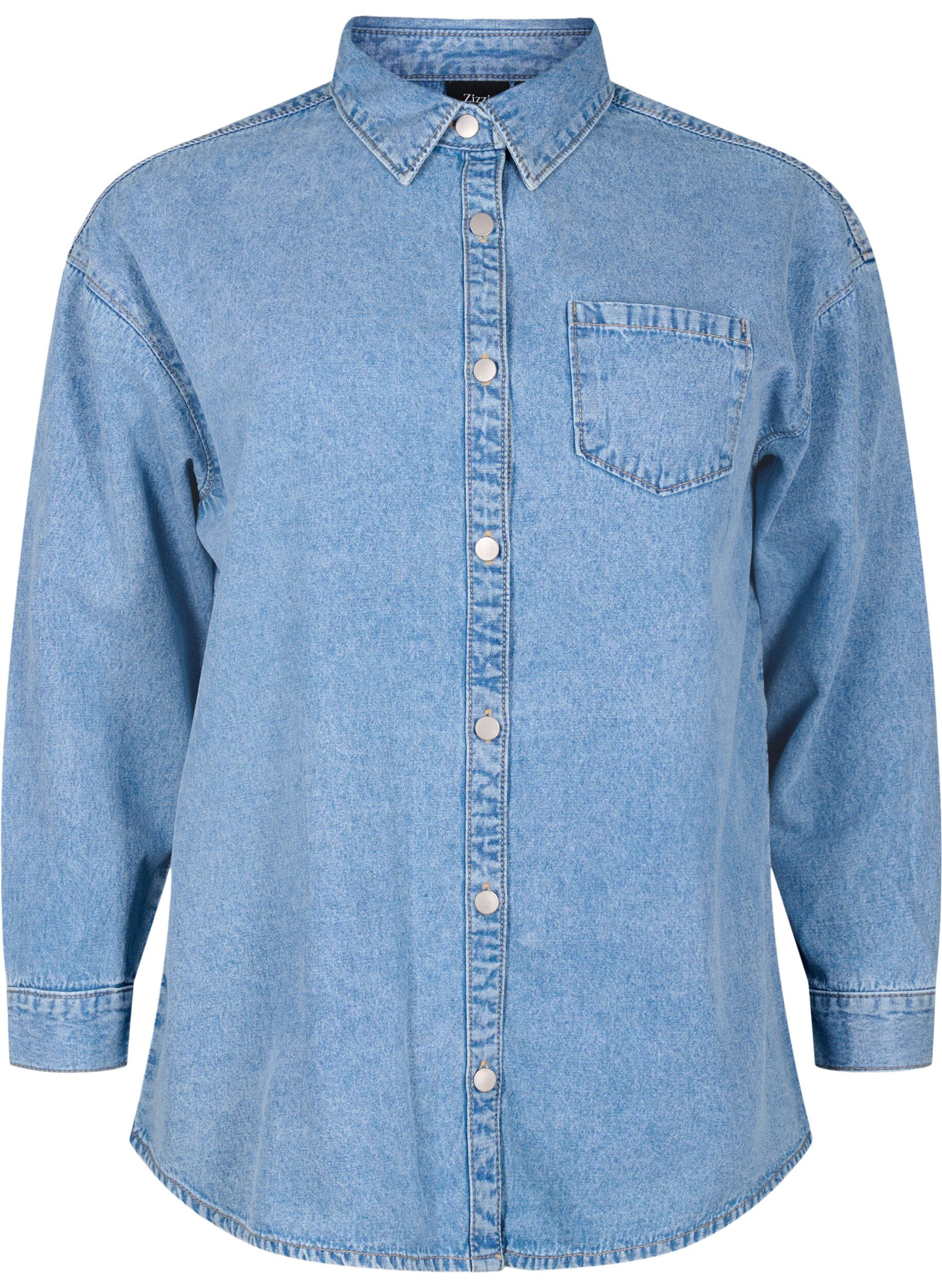 Zizzi L&oslash;s jeansskjorte med brystlomme, Light blue denim, Packshot image number 0