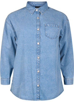 Løs jeansskjorte med brystlomme, Light blue denim, Packshot image number 0