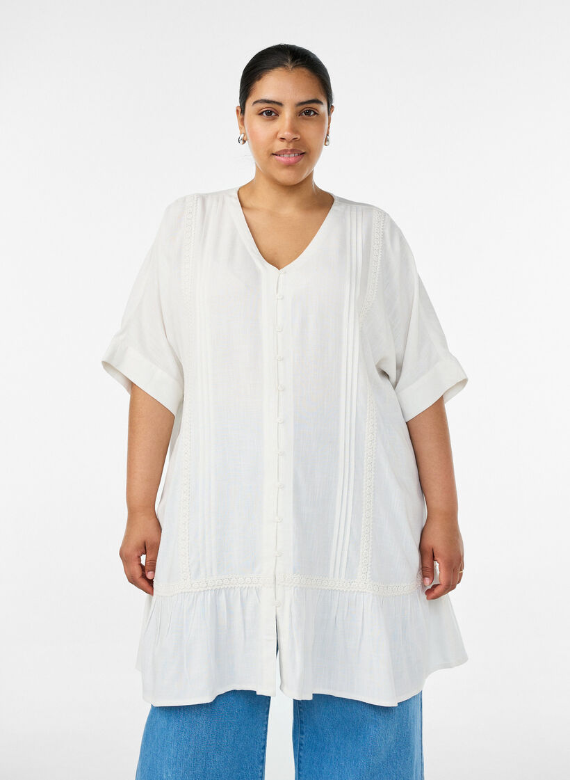 Viskose tunika med knapper og fold med volanger, Vanilje, Model image number 0