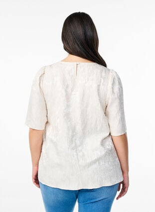 Zizzi Bluse med jacquard mønster og puffede ermer, Vanilje, Model image number 2