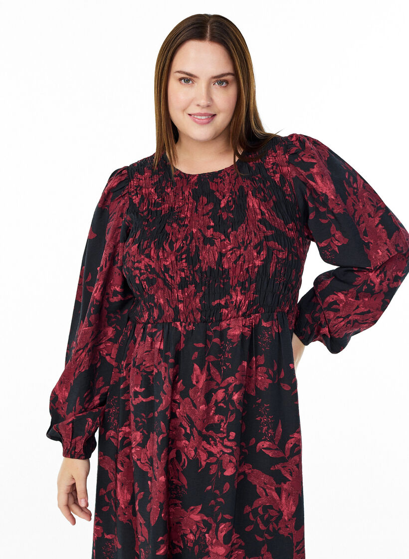 Blomstret kjole med smocket topp, Svart, Model image number 2