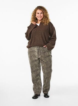 Zizzi Strikket bluse med krage og V-hals, Rain Drum Mel., Model image number 2