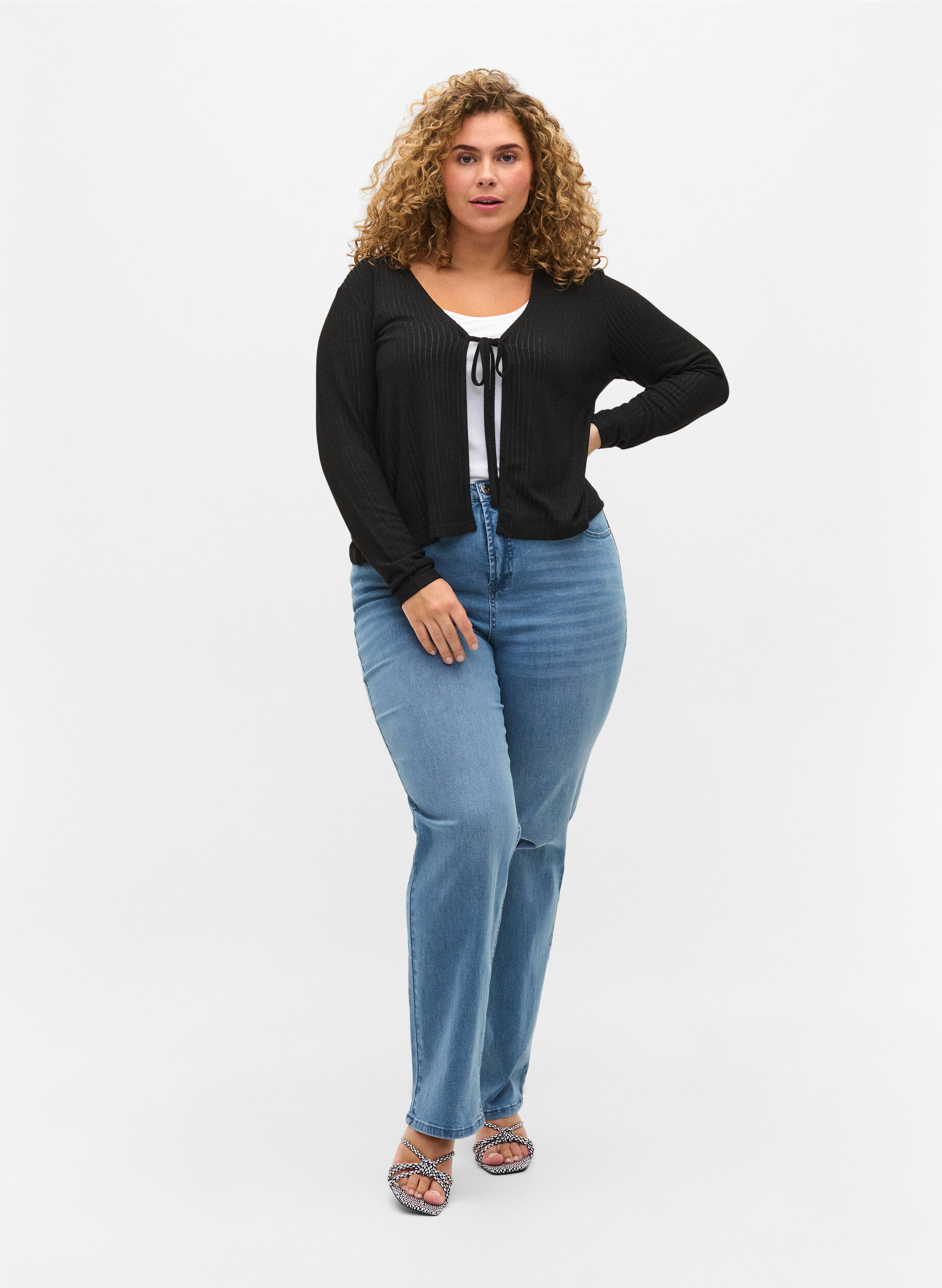 Zizzi Ribbet cardigan med knyting, Black, Model image number 2
