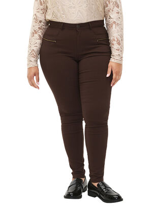Tettsittende bukser med glidelåsdetaljer, Coffee Bean, Model image number 3