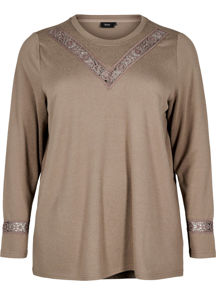 Bluse med broderidetaljer og lange ermer, Brun, Packshot image number 0
