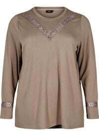 Bluse med broderidetaljer og lange ermer, Brun Bluse med broderidetaljer og lange ermer