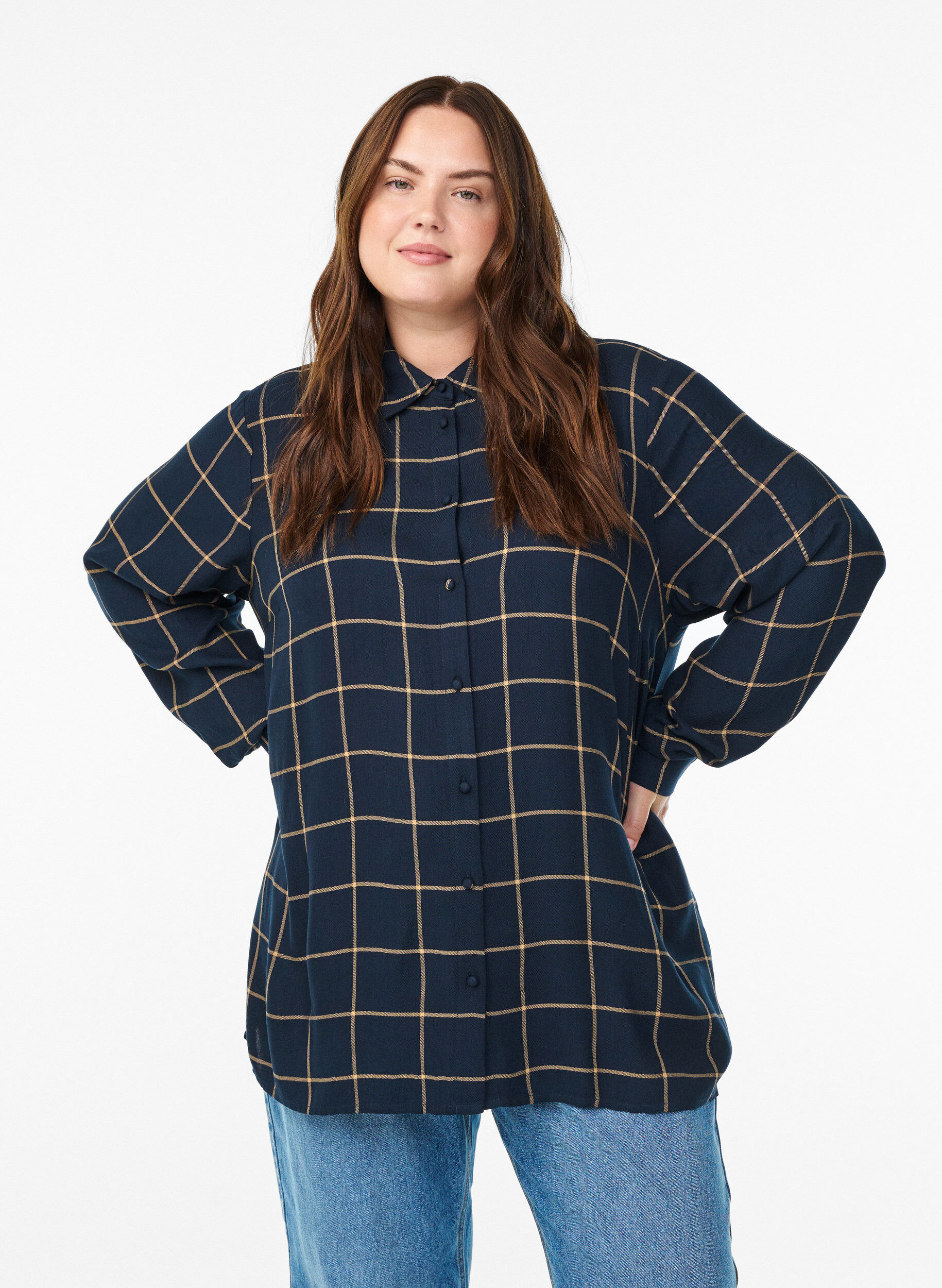 Rutete oversized bomullsskjorte, Bl&aring;, Model