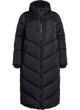 Zizzi Lang pufferjakke med hette og lommer, Black, Packshot image number 0