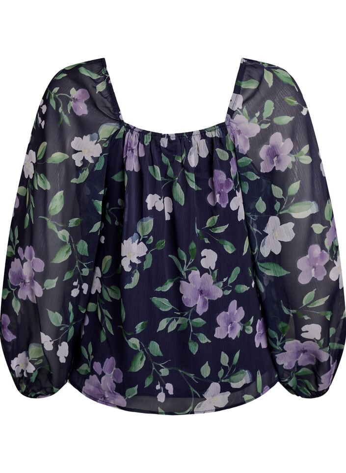 Chiffonbluse med blomstertrykk og lange ermer, Bl&aring;, Packshot image number 1