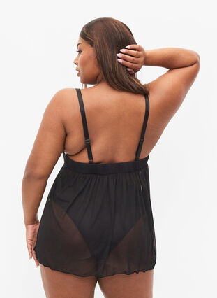 Transparent chemise med blonder, Black, Model image number 1