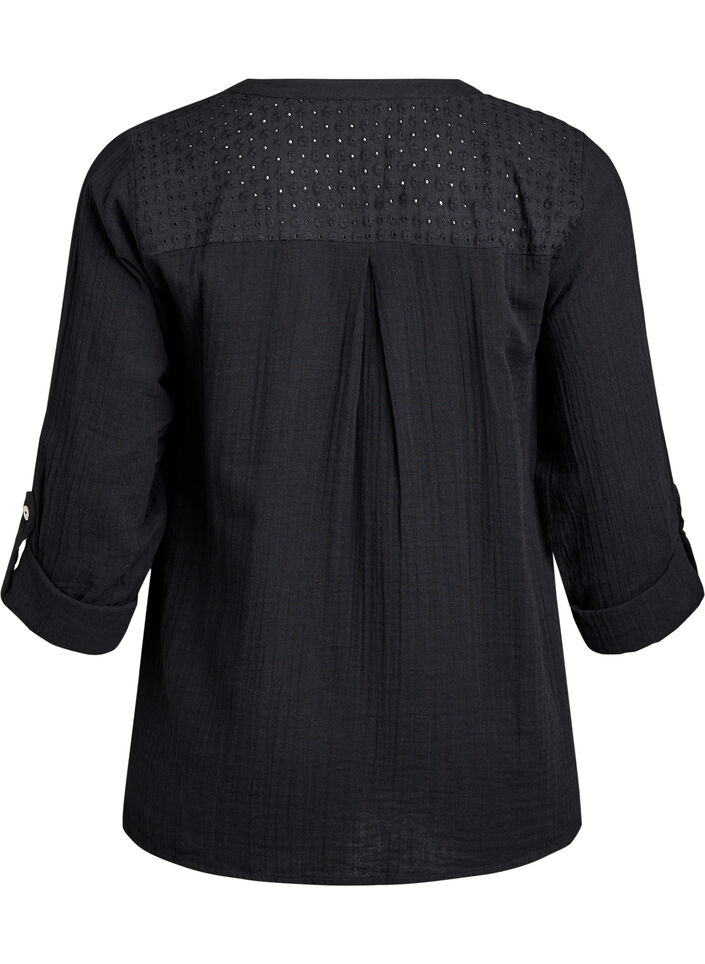 Bluse i bomullsmuslin med broderie anglaise, Svart, Packshot image number 1