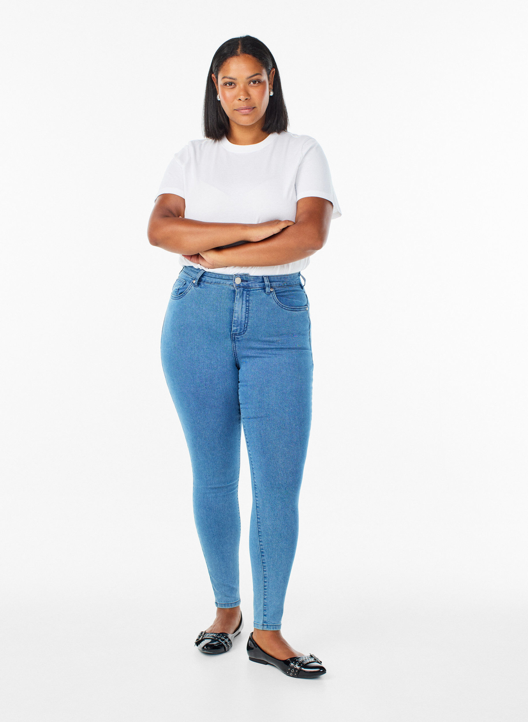 Amy super slim fit jeans med h&oslash;y midje, Bl&aring;, Model