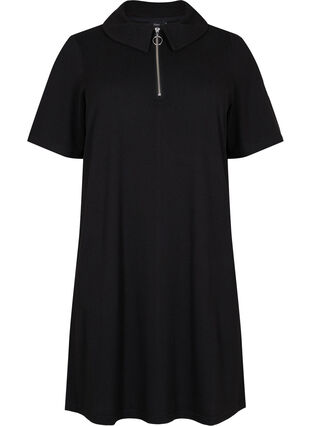 Kortermet kjole med krave og glidelås, Black, Packshot image number 0