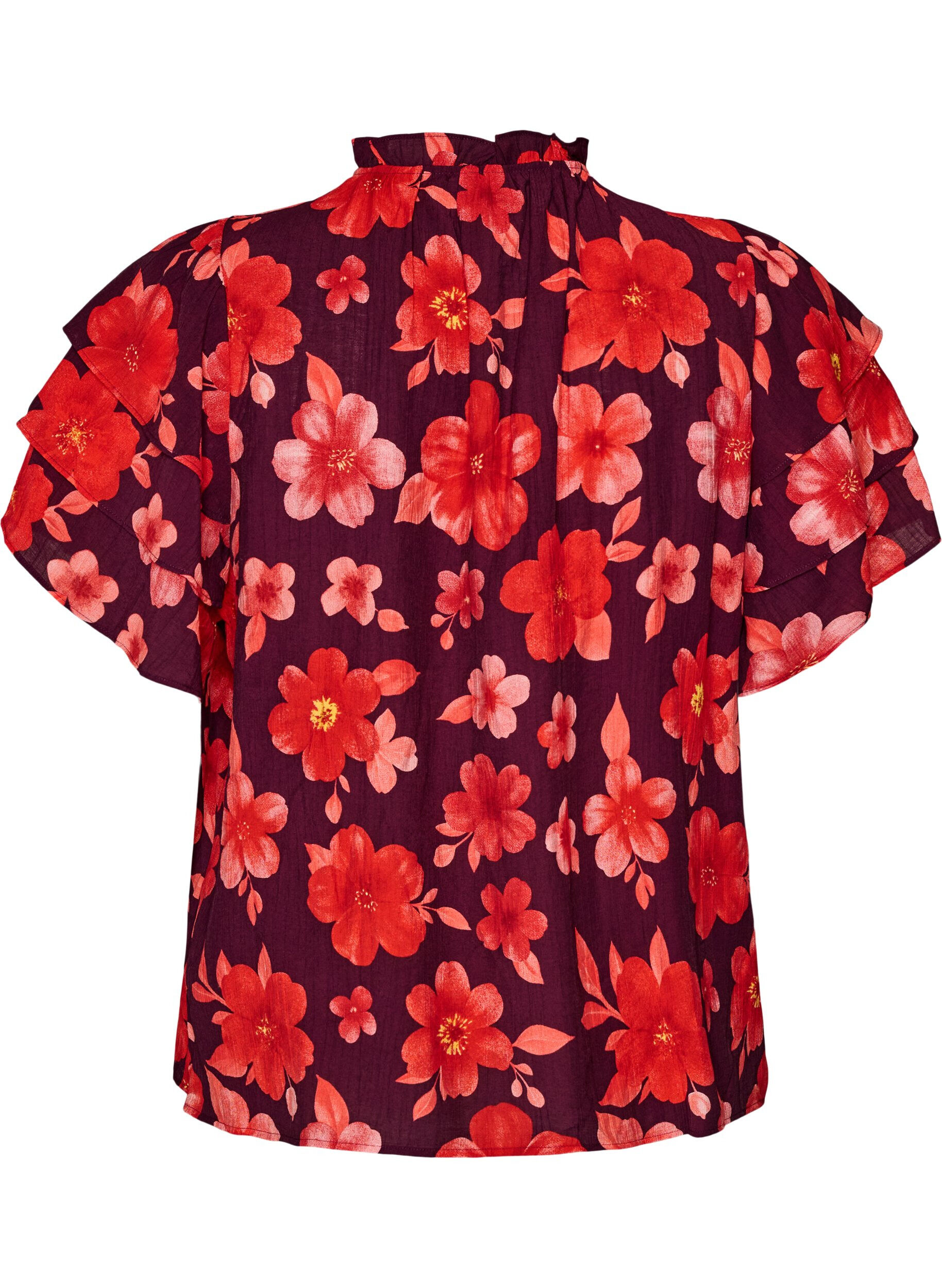 ZizziBluse i viskose med blomstermotiv og volangermer, Lilla, Packshot image number 1