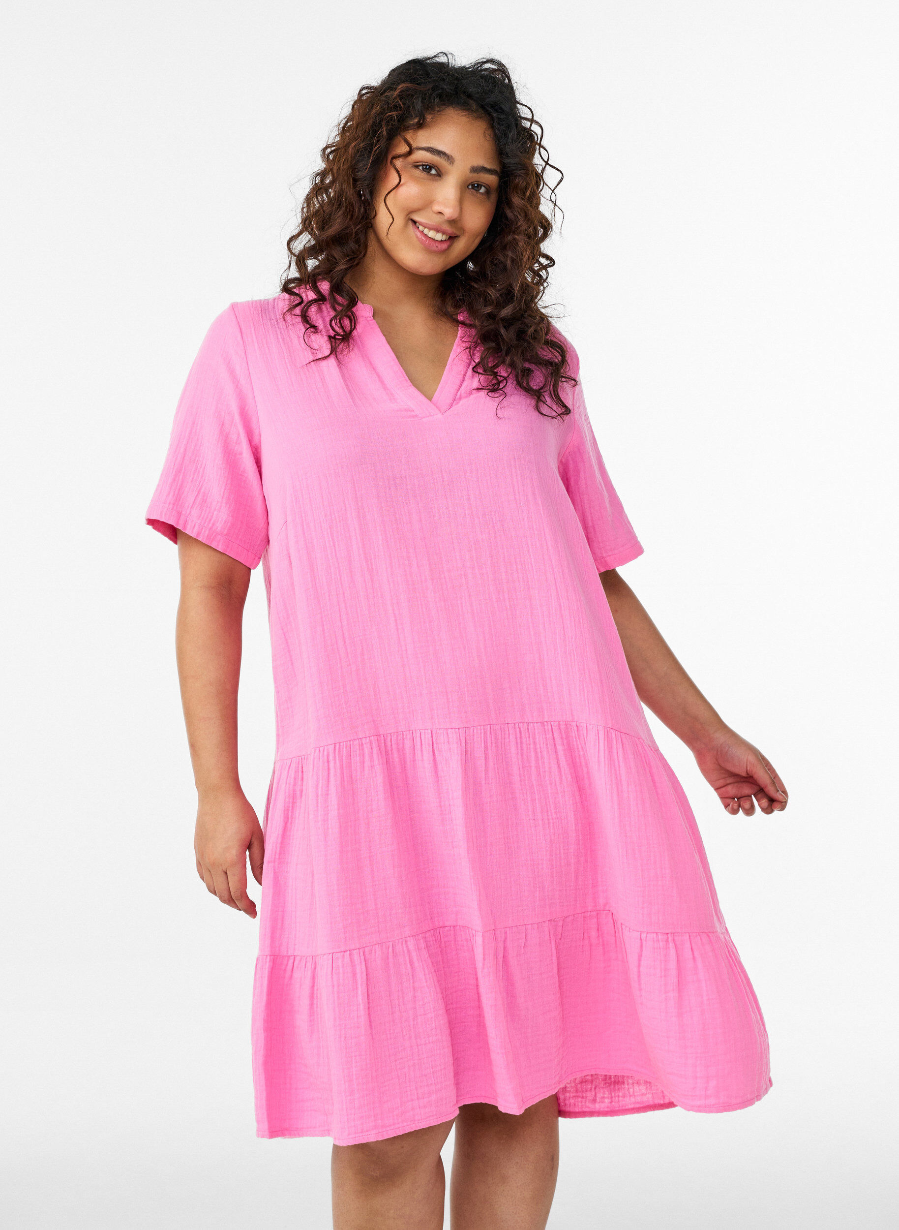 Kort A-linjekjole i bomullsmuslin, Rosa, Model