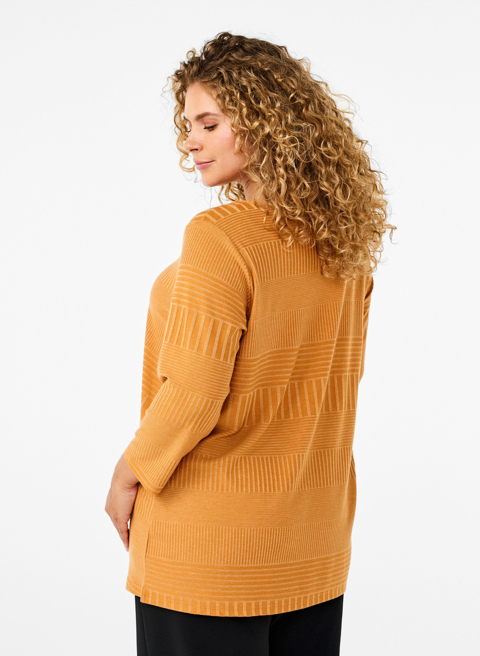Zizzi Bluse med 3/4-ermer og stripem&oslash;nster, Sudan Brown Mel., Model image number 1