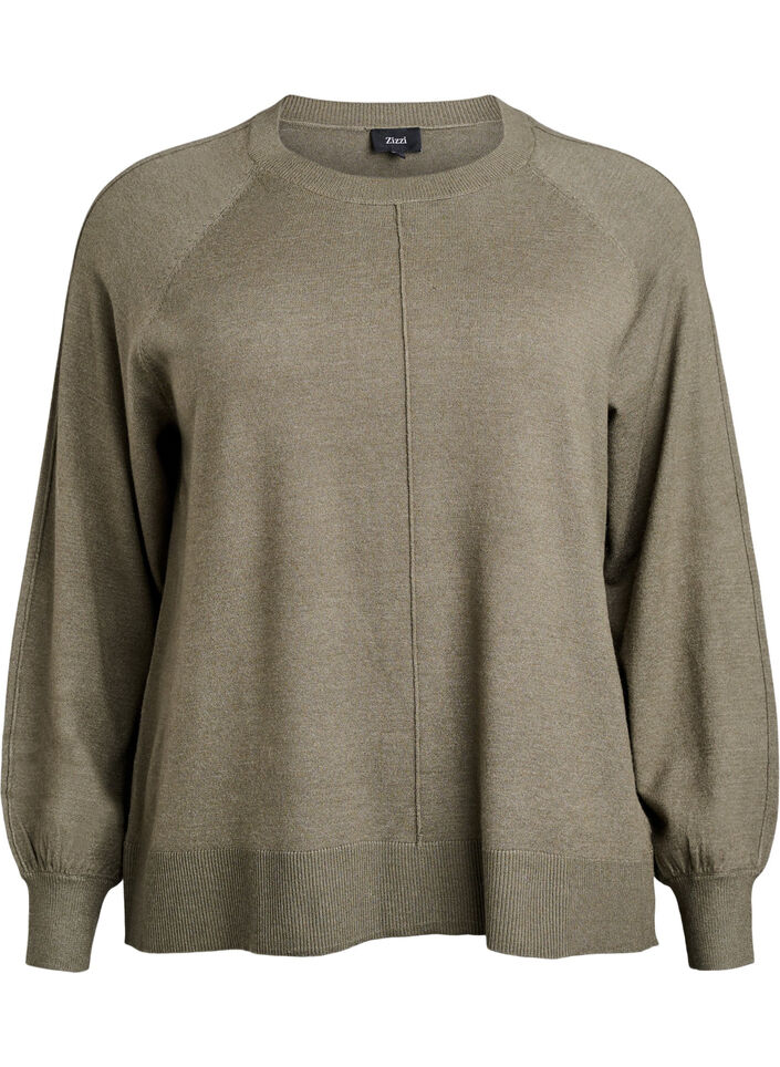 Strikket bluse med midtsøm og raglanermer, Grønn, Packshot image number 0