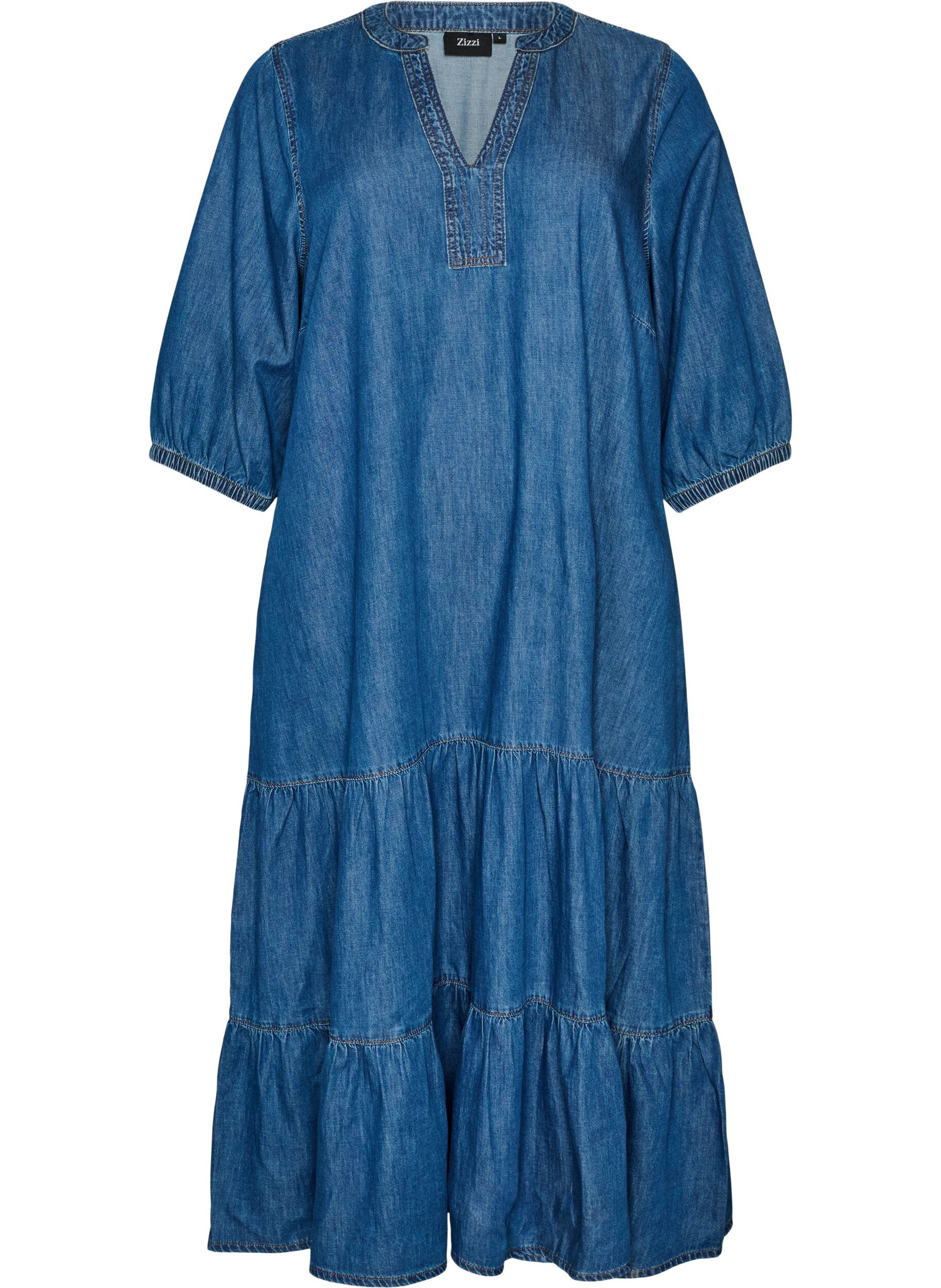 Denim maxikjole med volang lag