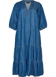 Denim maxikjole med volang lag, Bl&aring;