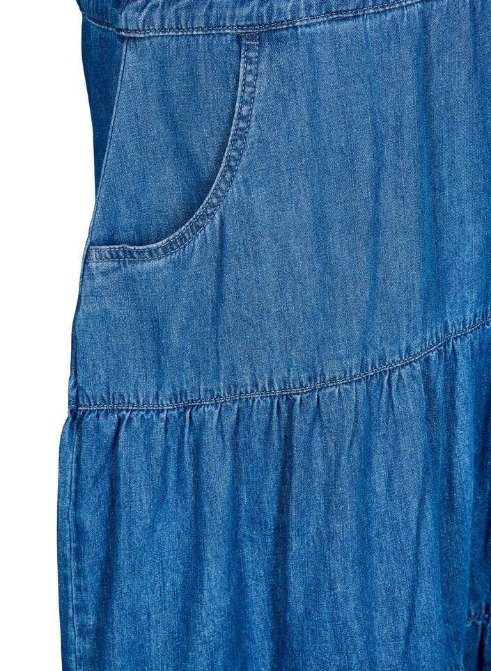 Midikjole i denim med knapper og korte ermer, Blue Denim, Packshot
