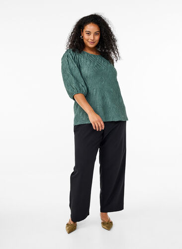 Zizzi Bluse med tekstur og 3/4-ermer, Grønn, Model image number 1