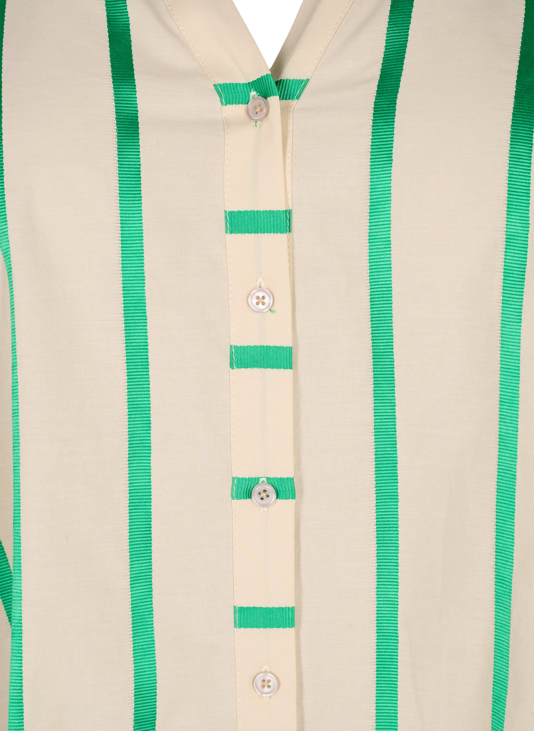 Zizzi Stripete skjortebluse i bomull med volangkrage, Beige Green Stripe, Packshot image number 2