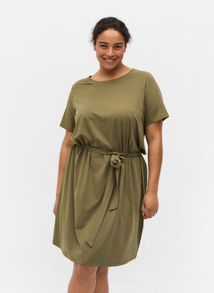 Kortermer kjole med midjebelte, Dusty Olive, Model image number 0
