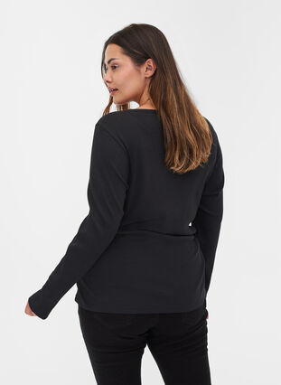 Langermet bluse i ribb med knappedetaljer, Black, Model image number 1