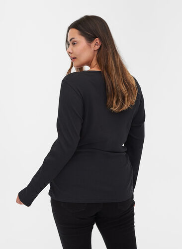 Langermet bluse i ribb med knappedetaljer, Black, Model image number 1
