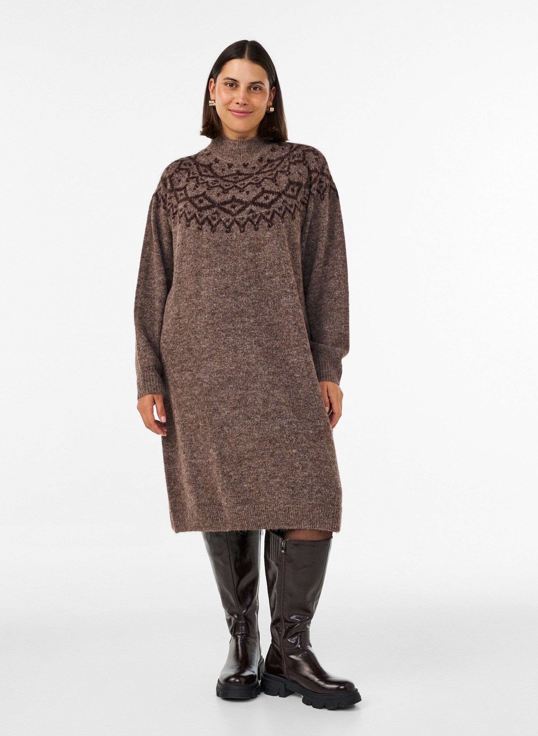 Strikkekjole med jacquardm&oslash;nster, Brun, Model