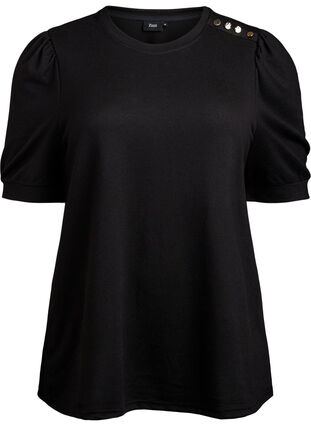 Zizzi Bluse med knappedetaljer og korte puffermer, Svart, Packshot image number 0