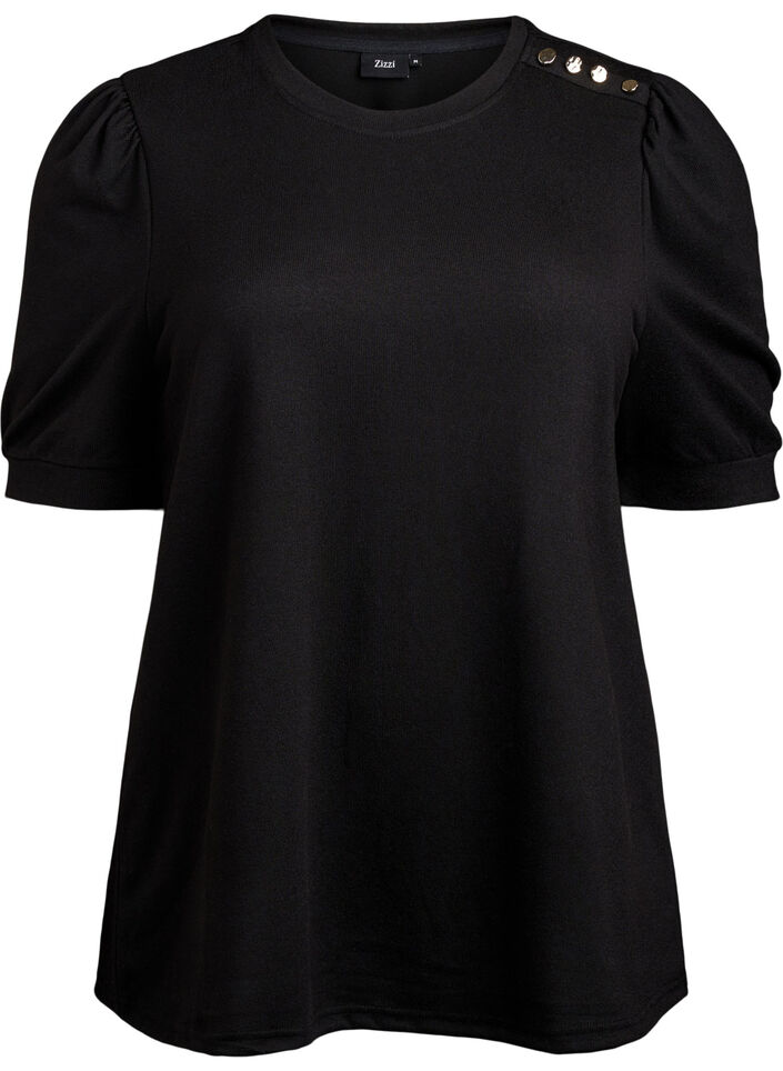 Bluse med knappedetaljer og korte puffermer, Svart, Packshot image number 0